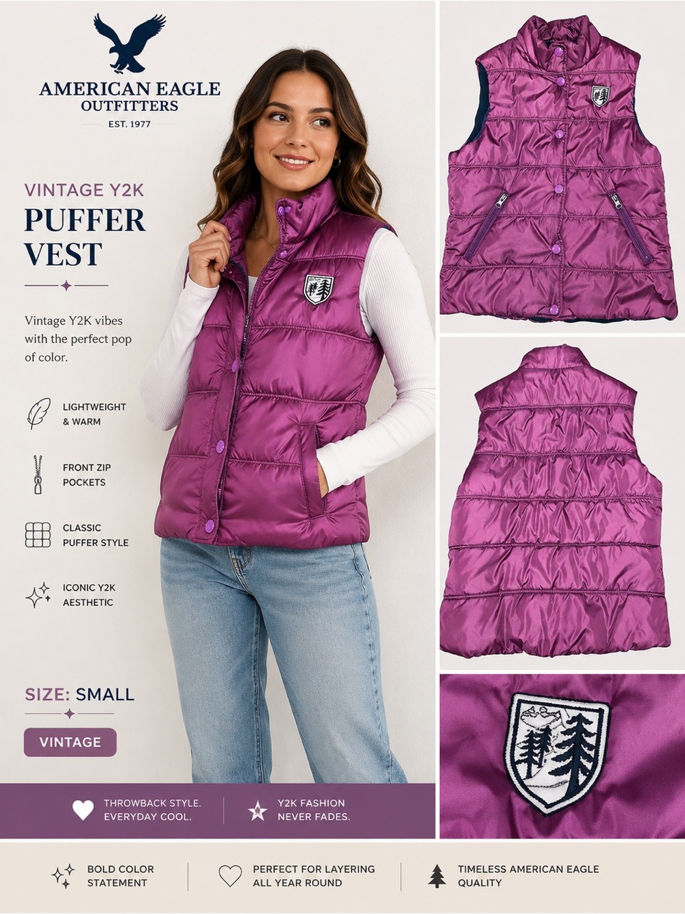 American Eagle Quilted Puffer Vest Y2K Maroon Small